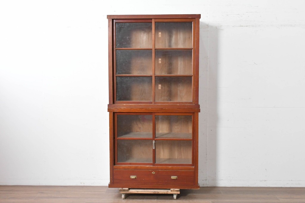 和製アンティーク　レトロな引き出し付き重ねガラス戸棚　(R-086727)