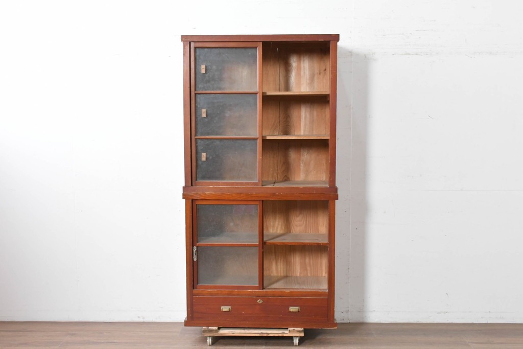 和製アンティーク　レトロな引き出し付き重ねガラス戸棚　(R-086727)