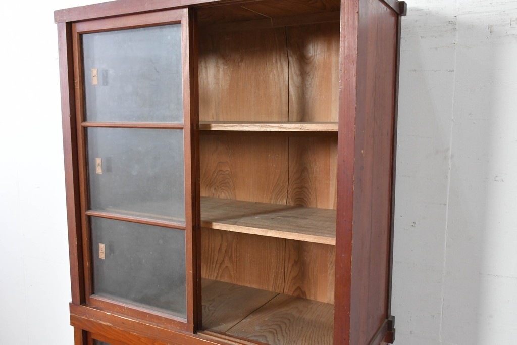 和製アンティーク　レトロな引き出し付き重ねガラス戸棚　(R-086727)