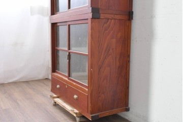 和製アンティーク　レトロな引き出し付き重ねガラス戸棚　(R-086727)