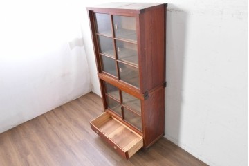 和製アンティーク　レトロな引き出し付き重ねガラス戸棚　(R-086727)