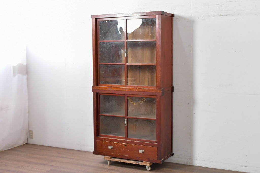 和製アンティーク　レトロな引き出し付き重ねガラス戸棚　(R-086730)