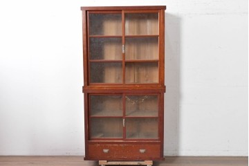 和製アンティーク　レトロな引き出し付き重ねガラス戸棚　(R-086730)