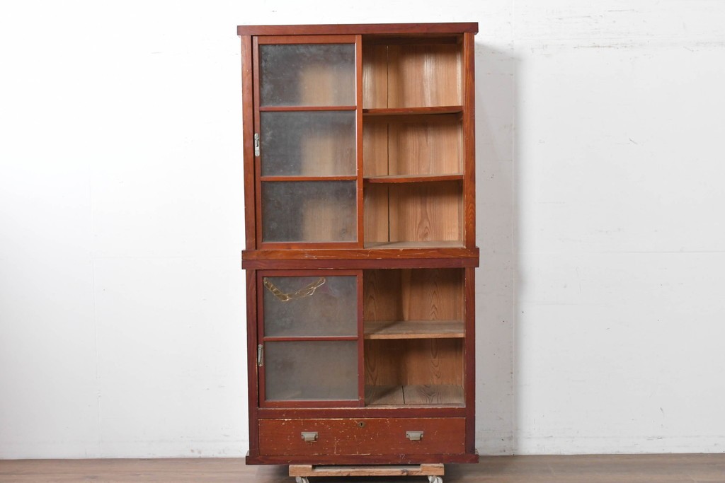 和製アンティーク　レトロな引き出し付き重ねガラス戸棚　(R-086730)