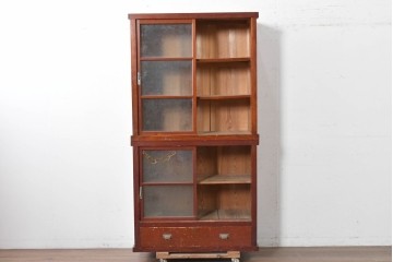 和製アンティーク　レトロな引き出し付き重ねガラス戸棚　(R-086730)