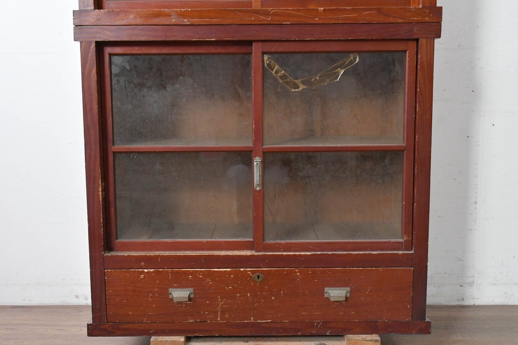 和製アンティーク　レトロな引き出し付き重ねガラス戸棚　(R-086730)