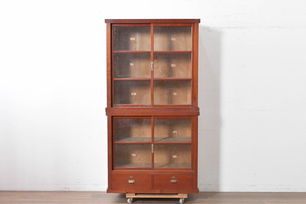 和製アンティーク　レトロな引き出し付き重ねガラス戸棚　(R-086733)