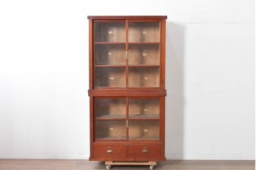 和製アンティーク　レトロな引き出し付き重ねガラス戸棚　(R-086733)