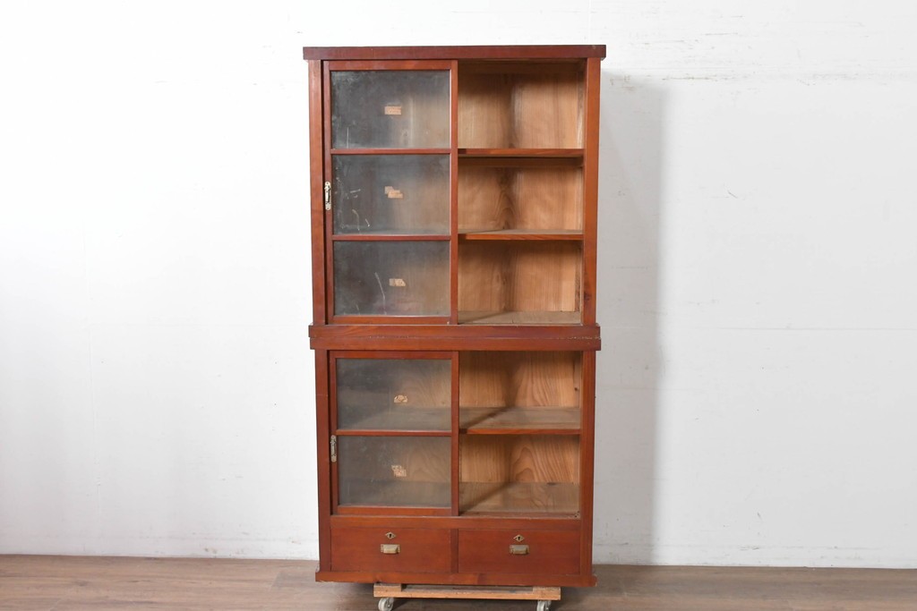 和製アンティーク　レトロな引き出し付き重ねガラス戸棚　(R-086733)