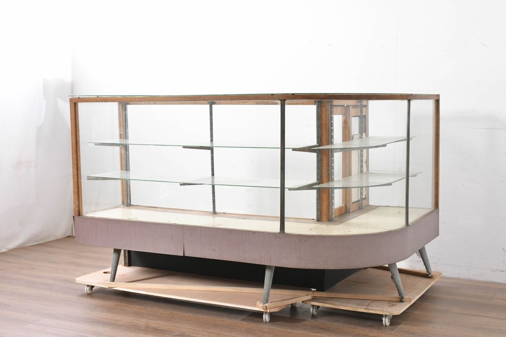 和製ヴィンテージ　曲げガラス　引き出し3杯付きの昭和レトロなL型ショーケース　(R-086745)