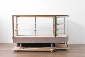 和製ヴィンテージ　曲げガラス　引き出し3杯付きの昭和レトロなL型ショーケース　(R-086745)