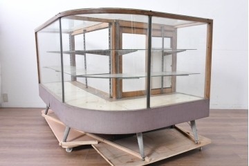 和製ヴィンテージ　曲げガラス　引き出し3杯付きの昭和レトロなL型ショーケース　(R-086745)