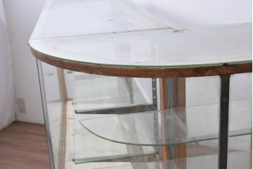 和製ヴィンテージ　曲げガラス　引き出し3杯付きの昭和レトロなL型ショーケース　(R-086745)