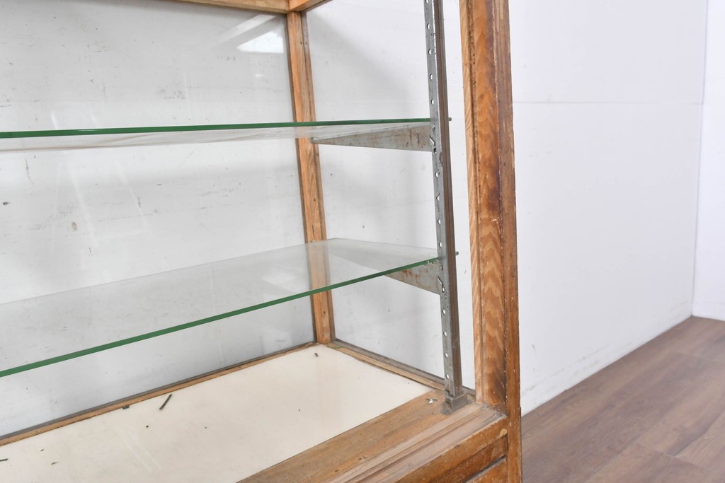 和製ヴィンテージ　曲げガラス　引き出し3杯付きの昭和レトロなL型ショーケース　(R-086745)