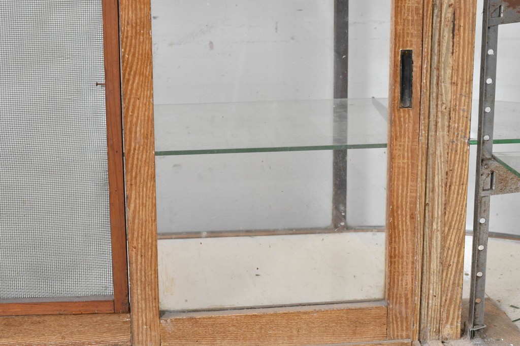 和製ヴィンテージ　曲げガラス　引き出し3杯付きの昭和レトロなL型ショーケース　(R-086745)