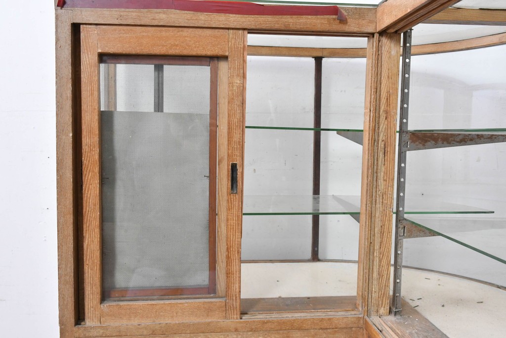 和製ヴィンテージ　曲げガラス　引き出し3杯付きの昭和レトロなL型ショーケース　(R-086745)