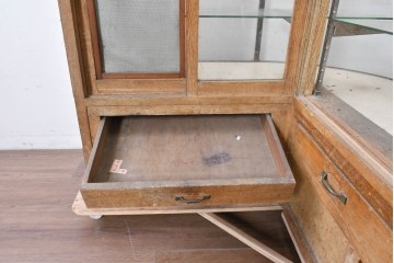 和製ヴィンテージ　曲げガラス　引き出し3杯付きの昭和レトロなL型ショーケース　(R-086745)