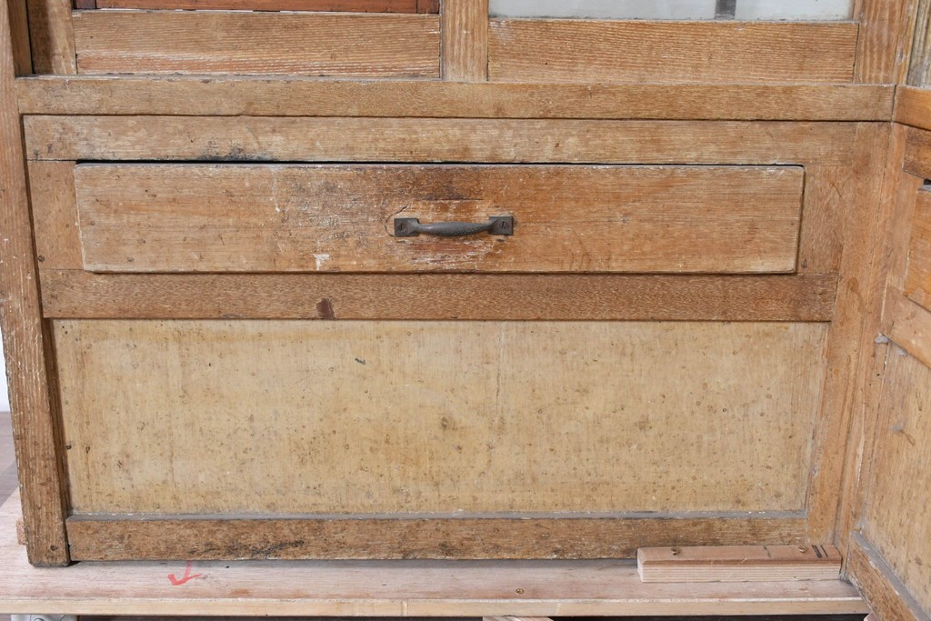 和製ヴィンテージ　曲げガラス　引き出し3杯付きの昭和レトロなL型ショーケース　(R-086745)