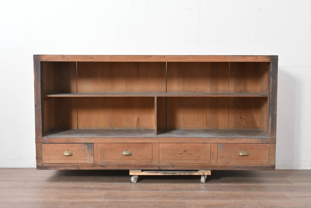 和製アンティーク　木味の素朴な引き出し付きオープンラック　(R-086758)