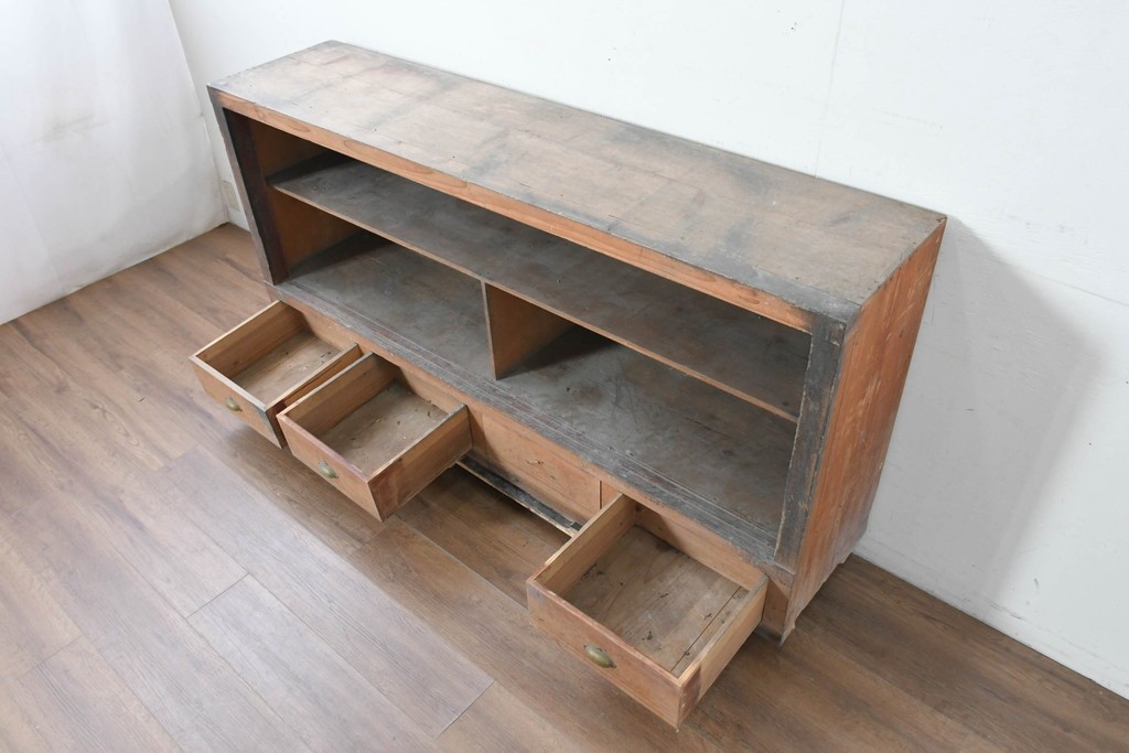 和製アンティーク　木味の素朴な引き出し付きオープンラック　(R-086758)