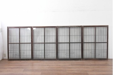 アンティーク建具　昭和中期　細やかな格子の入ったガラス窓4枚セット　(R-086764)
