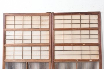 アンティーク建具　昭和初期　裏障子・裏ガラス付き　すっきりとした細身の桟が美しい格子戸2枚セット　(R-086766)