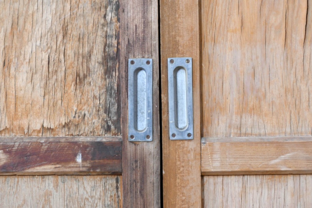 アンティーク建具　昭和初期から中期　彩光ガラス入りの木製引き戸2枚セット　(R-086767)