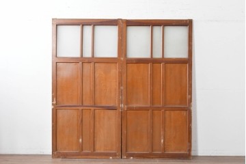 アンティーク建具　昭和初期から中期　彩光ガラス入りの木製引き戸2枚セット　(R-086769)