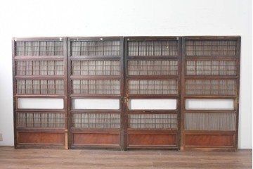 アンティーク建具　大正から昭和初期　腰板欅(ケヤキ)材　上手物!!　丸みのある縦桟のやわらかな表情が魅力の裏障子付き格子戸4枚セット　(R-086770)