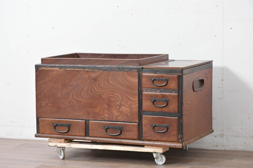 和製アンティーク　大正～昭和初期　総欅(ケヤキ)材　縁(黒柿材)　重厚な木味が魅力の長火鉢　(R-086778)