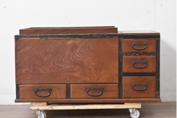 和製アンティーク　大正～昭和初期　総欅(ケヤキ)材　縁(黒柿材)　重厚な木味が魅力の長火鉢　(R-086778)