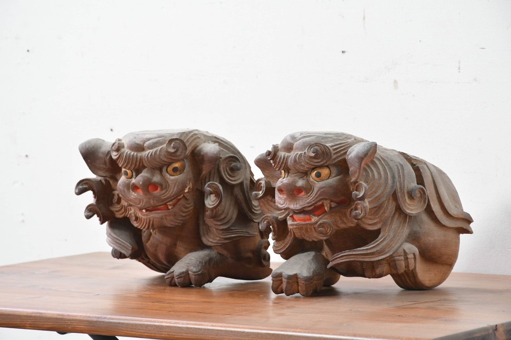 【簡易リペア限定品】　和製アンティーク　総欅(ケヤキ)材　力強く立体感のある彫刻が立派な獅子の木鼻(きばな)一対　(R-086784)
