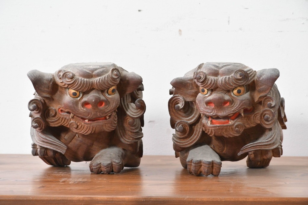 【簡易リペア限定品】　和製アンティーク　総欅(ケヤキ)材　力強く立体感のある彫刻が立派な獅子の木鼻(きばな)一対　(R-086784)