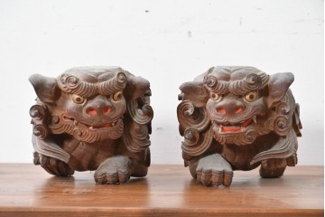 【簡易リペア限定品】　和製アンティーク　総欅(ケヤキ)材　力強く立体感のある彫刻が立派な獅子の木鼻(きばな)一対　(R-086784)