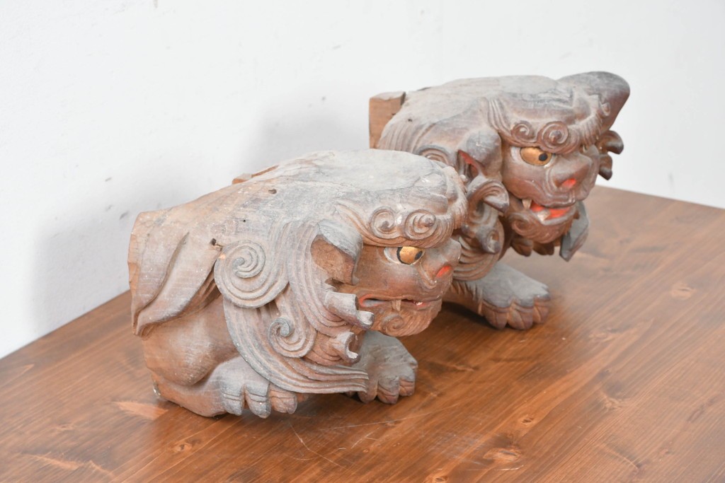 【簡易リペア限定品】　和製アンティーク　総欅(ケヤキ)材　力強く立体感のある彫刻が立派な獅子の木鼻(きばな)一対　(R-086784)