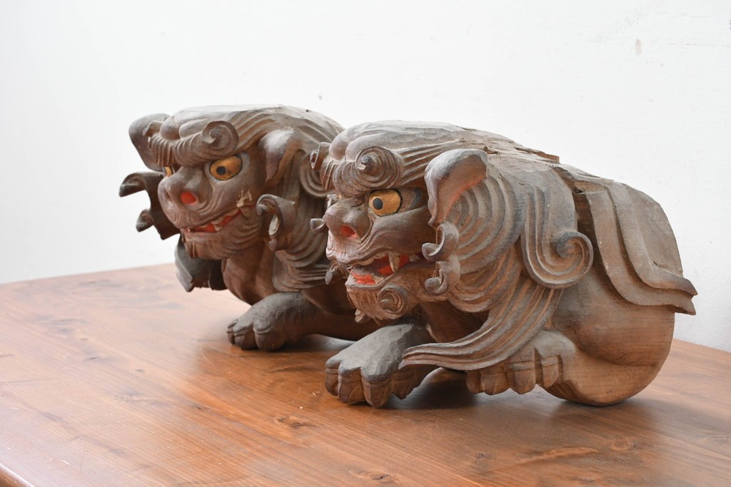【簡易リペア限定品】　和製アンティーク　総欅(ケヤキ)材　力強く立体感のある彫刻が立派な獅子の木鼻(きばな)一対　(R-086784)