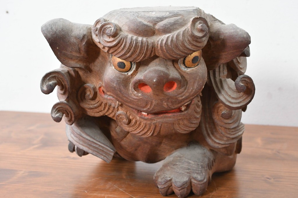 【簡易リペア限定品】　和製アンティーク　総欅(ケヤキ)材　力強く立体感のある彫刻が立派な獅子の木鼻(きばな)一対　(R-086784)
