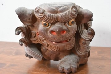 【簡易リペア限定品】　和製アンティーク　総欅(ケヤキ)材　力強く立体感のある彫刻が立派な獅子の木鼻(きばな)一対　(R-086784)