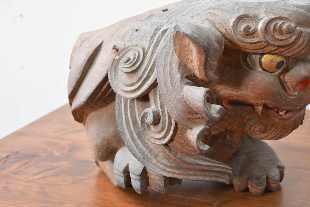 【簡易リペア限定品】　和製アンティーク　総欅(ケヤキ)材　力強く立体感のある彫刻が立派な獅子の木鼻(きばな)一対　(R-086784)