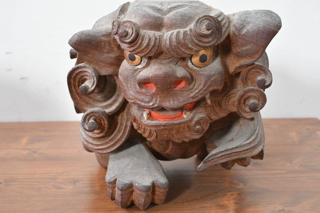 【簡易リペア限定品】　和製アンティーク　総欅(ケヤキ)材　力強く立体感のある彫刻が立派な獅子の木鼻(きばな)一対　(R-086784)