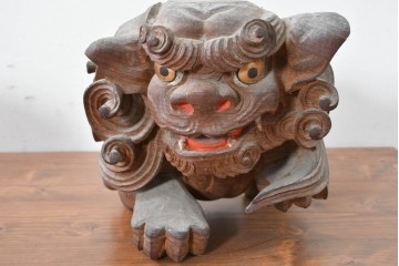 【簡易リペア限定品】　和製アンティーク　総欅(ケヤキ)材　力強く立体感のある彫刻が立派な獅子の木鼻(きばな)一対　(R-086784)