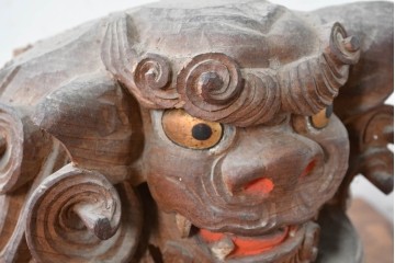 【簡易リペア限定品】　和製アンティーク　総欅(ケヤキ)材　力強く立体感のある彫刻が立派な獅子の木鼻(きばな)一対　(R-086784)