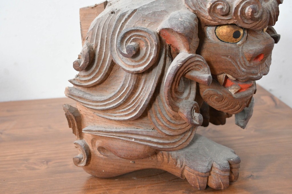 【簡易リペア限定品】　和製アンティーク　総欅(ケヤキ)材　力強く立体感のある彫刻が立派な獅子の木鼻(きばな)一対　(R-086784)