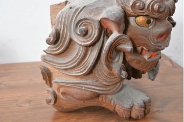 【簡易リペア限定品】　和製アンティーク　総欅(ケヤキ)材　力強く立体感のある彫刻が立派な獅子の木鼻(きばな)一対　(R-086784)