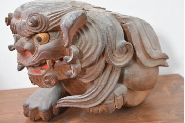 【簡易リペア限定品】　和製アンティーク　総欅(ケヤキ)材　力強く立体感のある彫刻が立派な獅子の木鼻(きばな)一対　(R-086784)