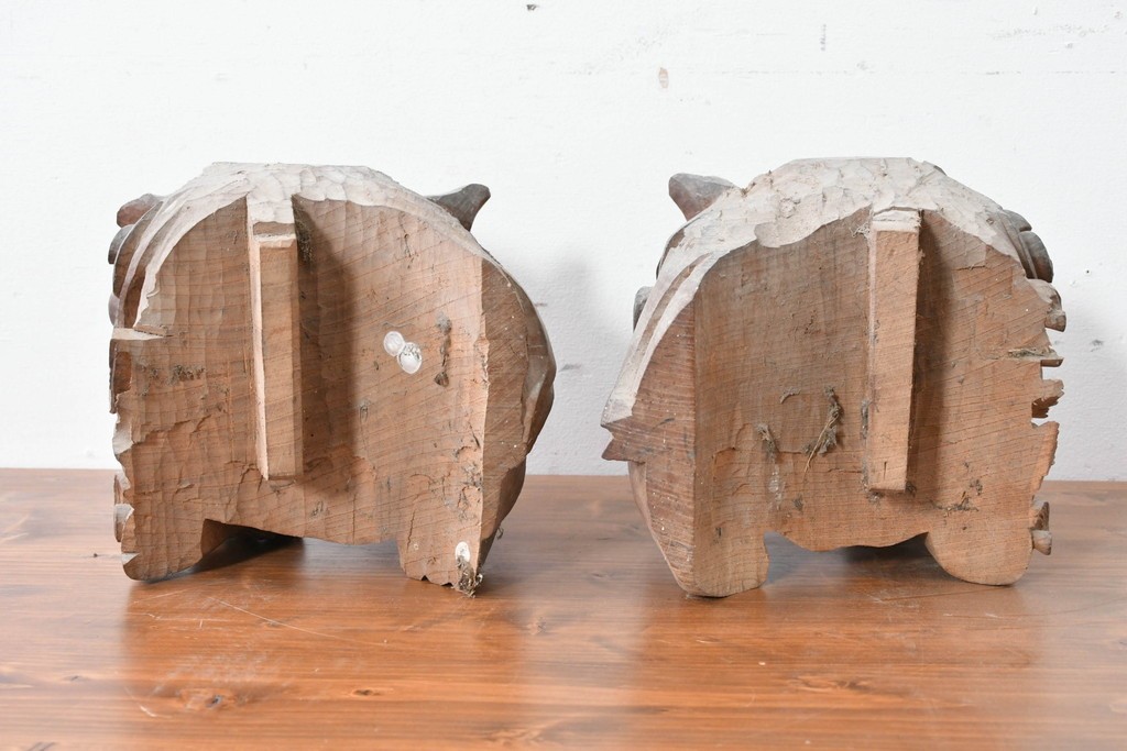 【簡易リペア限定品】　和製アンティーク　総欅(ケヤキ)材　力強く立体感のある彫刻が立派な獅子の木鼻(きばな)一対　(R-086784)