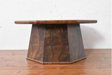 和製ヴィンテージ　総欅材　杢目豊かな天板が目を引く脚付き八角膳　(R-086786)