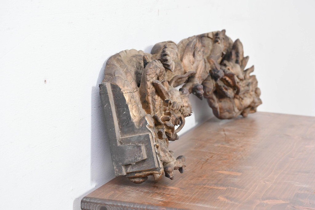 明治大正期　木彫刻　迫力のある双龍(阿形・吽形)を象った仏閣の壁掛けオブジェ　(R-086789)