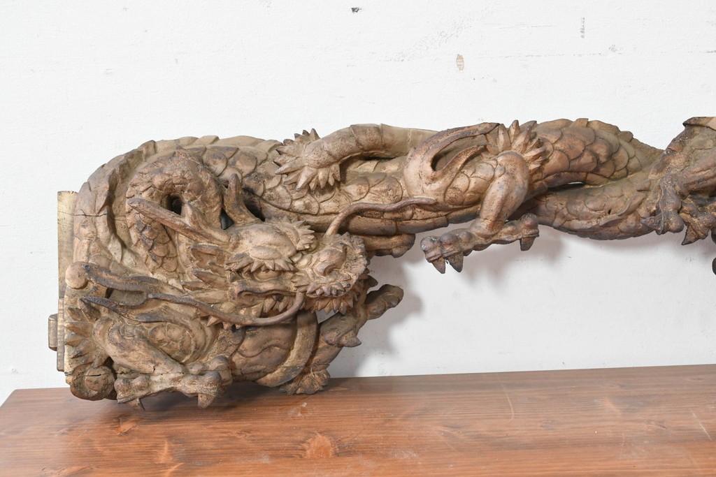 明治大正期　木彫刻　迫力のある双龍(阿形・吽形)を象った仏閣の壁掛けオブジェ　(R-086789)