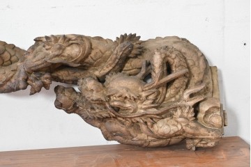明治大正期　木彫刻　迫力のある双龍(阿形・吽形)を象った仏閣の壁掛けオブジェ　(R-086789)